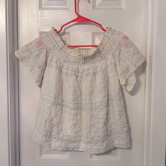 Lush SMOCKED OFF SHOULDER TOP white blue Large - Picture 1 of 7